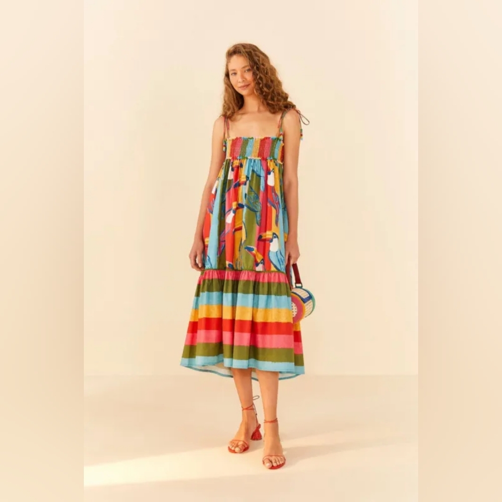 NWT Anthropologie Farm Rio Wonderful Toucans Organic Cotton Midi Dress - M